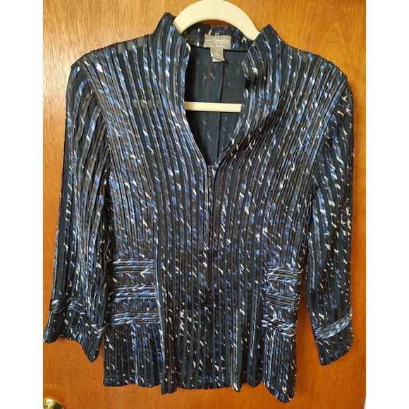 Chico's Travelers size 1 (M/8) Julianne Jacket mesh satin strip india ink zip up - Picture 1 of 6